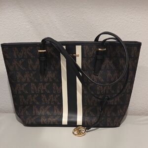 Michael Kors Brown Logo Tote with Black and Cream Stripes